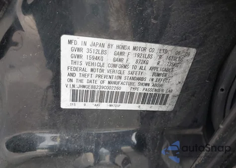 2009 Honda Fit z USA, uszkodzony, nr VIN JHMGE88239C002260